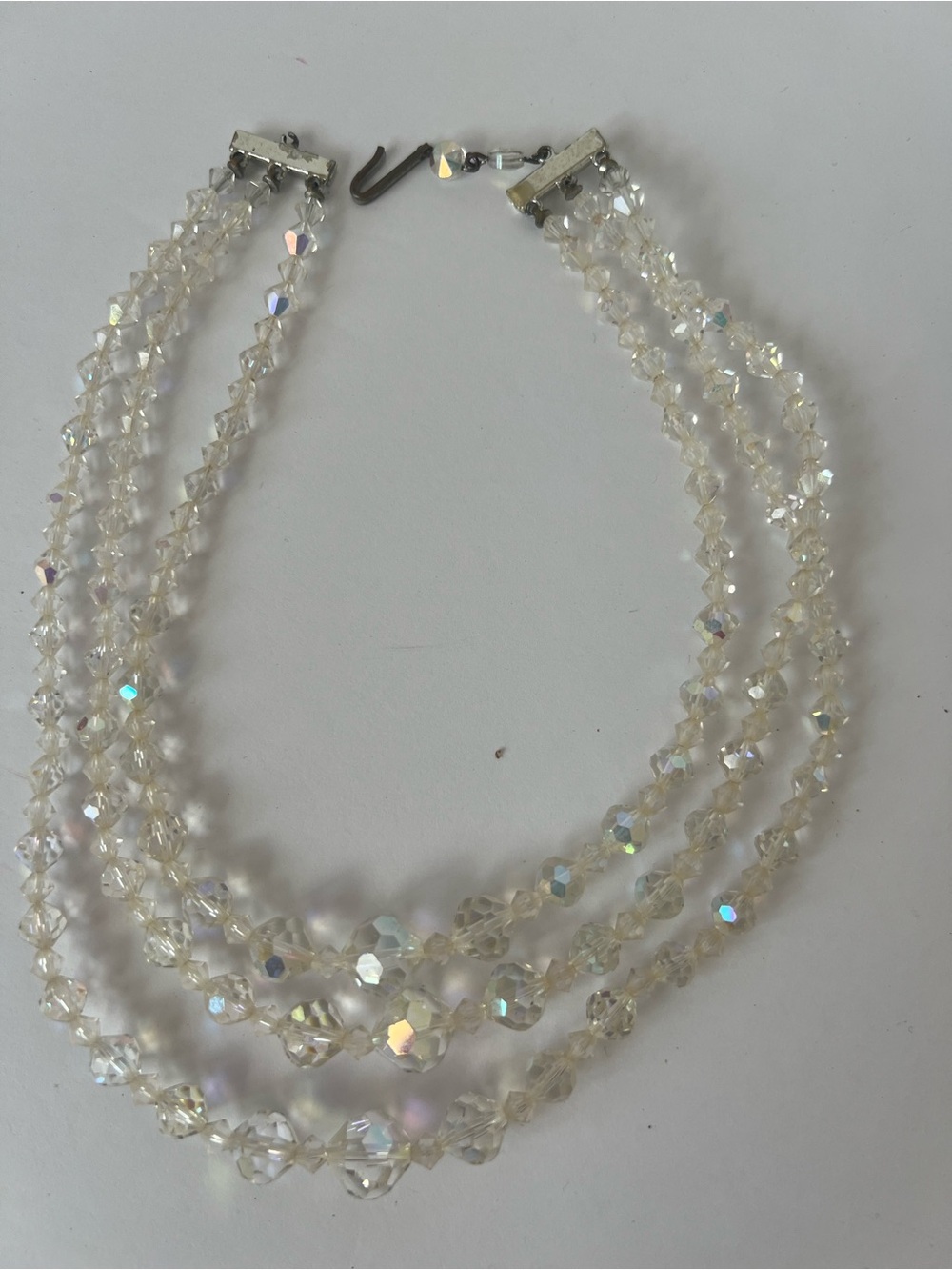 Vintage 3 Strand Aurora Borealis crystal Glass Necklace Austrian Style Repair